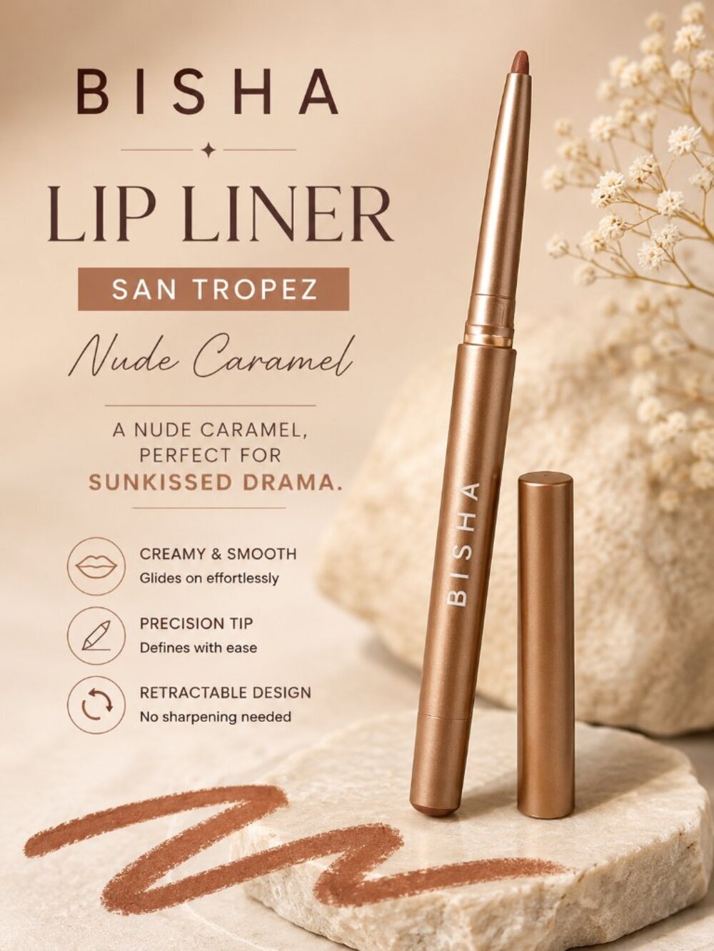 Bisha Lip Liner San Tropez Nude Caramel Retractable Lip Pencil Longwear